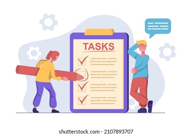 Tasks. The woman marks the completed tasks on the tablet