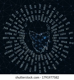 Tasmania digital map. Binary rays radiating around glowing island. Internet connections and data exchange design. Vector illustration.