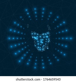 Mapa digital de Tasmania. Rayos brillantes irradiando desde la isla. Conexiones de red y diseño de telecomunicaciones. Ilustración vectorial.