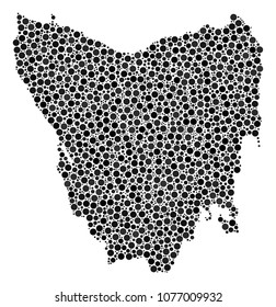 Tasmania Island Map collage of dots in variable sizes. Scattered round elements are combined into Tasmania Island Map composition. Vector geographic map design concept.
