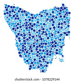 Tasmania Island Map collage of small circles in different sizes and blue shades. Scattered round spots are arranged into Tasmania Island Map illustration. Vector cartography blue map design concept.