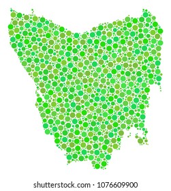 Tasmania Island Map composition of scattered dots in different sizes and ecological green color tones. Vector round elements are organized into tasmania island map composition.