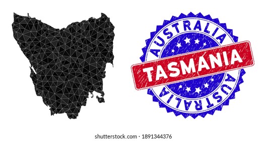 Tasmania Island map polygonal mesh with filled triangles, and textured bicolor watermark. Triangle mosaic Tasmania Island map with mesh vector model, triangles have different sizes, and positions,
