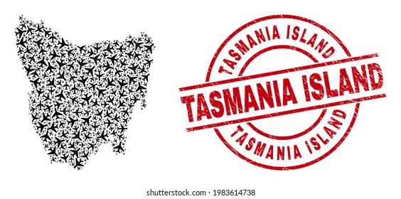 Tasmania Island rubber badge, and Tasmania Island map collage of airliner items. Mosaic Tasmania Island map created with jet vehicles. Red badge with Tasmania Island tag, and corroded rubber texture.
