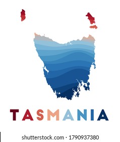 Tasmania map. Map of the island with beautiful geometric waves in red and blue colors. Vivid Tasmania shape. Vector illustration.