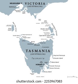 Tasmania and the surrounding area, gray political map. Australian island state with capital Hobart, south of Victoria and the Australian mainland, encompassing island Tasmania and surrounding islands.