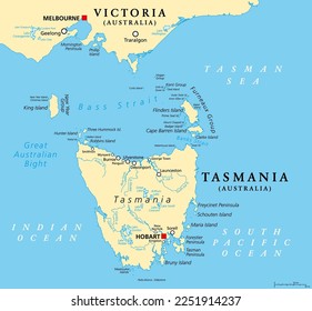 Tasmania and the surrounding area, political map. Australian island state with capital Hobart, south of state Victoria and of Australian mainland, encompassing island Tasmania and surrounding islands.