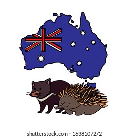 tasmanian devil and echidna with map of australia in the background vector illustration design