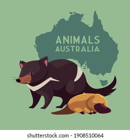 tasmanian devil and platypus australian continent map animal wildlife vector illustration