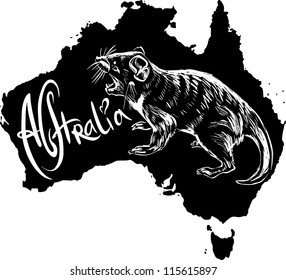 Tasmanian devil (Sarcophilus harrisii) on map of Australia. Black and white vector illustration.