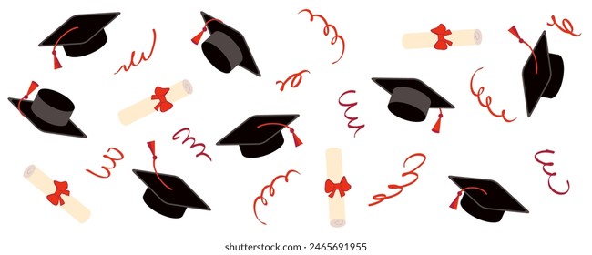 Borla, gorra y certificado de graduación Plantilla Horizontal de Anuncio. Enhorabuena graduados celebración diseño para la universidad, la escuela secundaria, la universidad. Ilustración vectorial dibujada a mano


