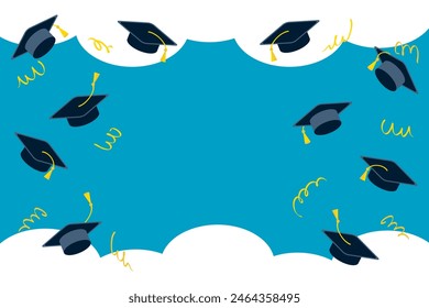 Tassel and cap on blue sky background graduation banner with empty copy space. Congratulations graduates celebration design for college, high school, university. Hand drawn vector illustration.

