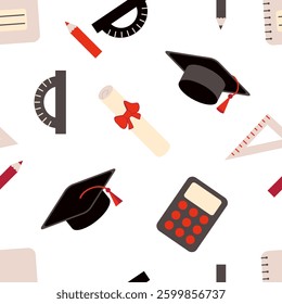 Tassel, caps and diploma certificate graduation seamless pattern. Perfect design for college, high school, university. Hand drawn vector illustration.