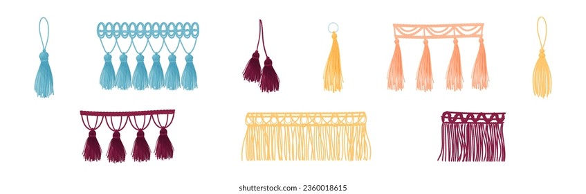 Tassel for Fabric and Clothing Decoration with Braided Cord and Yarn Skirt Vector Set