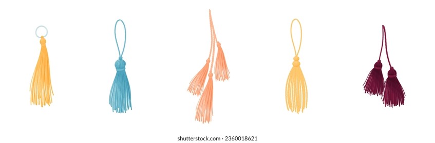 Tassel for Fabric and Clothing Decoration with Braided Cord and Yarn Skirt Vector Set