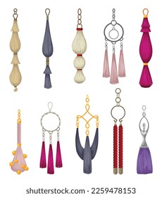 Tassel fringe accessories icon set. Leather trinket, handbag embelishments and fashion key chain. Textile zippers. Isolated vector illustration symbols