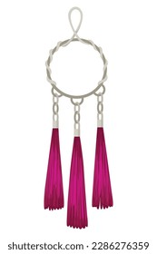 Tassel fringe accessory icon. Leather trinket, handbag embelishments or fashion key chain. Textile zipper. Isolated vector illustration symbol