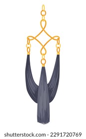 Tassel fringe accessory icon. Leather trinket, handbag embelishments or fashion key chain. Textile zipper. Isolated vector illustration symbol