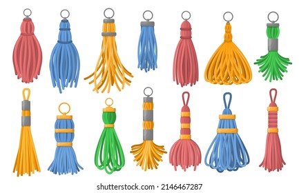 Tassel fringe. Fashion handbag thread brush, leather trinket and isolated tassels vector set of accessories, fashion tassel brush isolated illustration