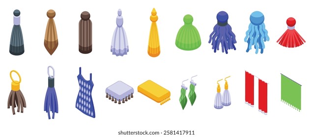  Tassel fringe icons set. Colorful tassels are adding a touch of elegance to various items, from clothing and curtains to keychains and earrings