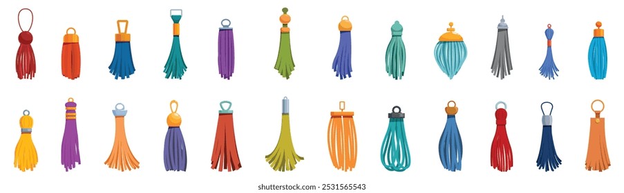 Tassel fringe icons set. This set of colorful tassels is perfect for fashion designers looking to add a touch of elegance and sophistication to their creations