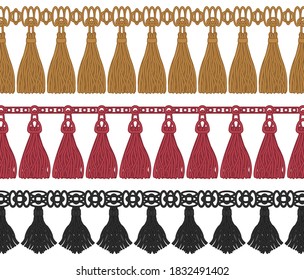 Tassel garland set. Isolated tassel fringe border ornament. Textile apparel decor collection. Fashion garland trim vector illustration