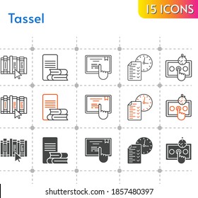 tassel icon set. included test, online-learning, book, touchscreen icons on white background. linear, bicolor, filled styles.