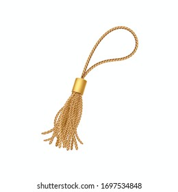 Tassel isolated on white background. Vector fringe or handbag accessory. Gold 3d rope with tassel, hanging window curtain decoration element design

