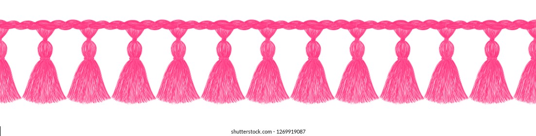 Tassel pattern. Fringe border. Crochet. Knitting. Clothes decoration. Vintage. Pink color.