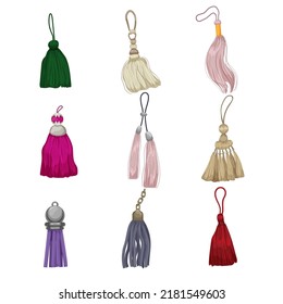 tassel rope set cartoon. gold fringe cord, trim string, fabric decorative silk brush tassel rope vector illustration