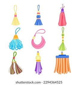 tassel rope set cartoon. trim fringe, fabric string, brush gold, curtain cord tassel rope sign. isolated symbol vector illustration