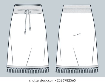 Ilustración técnica de moda de la falda de la borla. Falda de punto midi Plantilla de dibujo técnico plano, cintura con cordón, línea A, vista frontal y posterior, blanco, maqueta CAD para mujer.