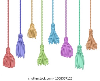 Tassel trim. Fabric curtain tassels, fringe bunch on rope and pillow colorful embelishments. Garment fringe embellishment bunch, ruffle yarns brush. Isolated vector symbols set