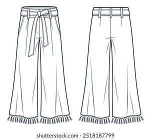 Tassel Trim Pants technical fashion illustration. Wide Leg Pants fashion flat technical drawing template, belt, pockets, front and back view, white, women, men, unisex CAD mockup.