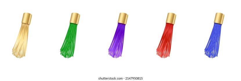 Tassel. Vector fringe or handbag accessory, graduate hat isolated on white background. Multicolor 3d rope with tassel, hanging window curtain decoration element design
