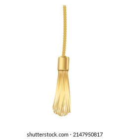 Tassel. Vector fringe or handbag accessory, graduate hat isolated on white background. Multicolor 3d rope with tassel, hanging window curtain decoration element design