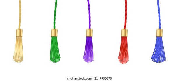 Tassel. Vector fringe or handbag accessory, graduate hat isolated on white background. Multicolor 3d rope with tassel, hanging window curtain decoration element design