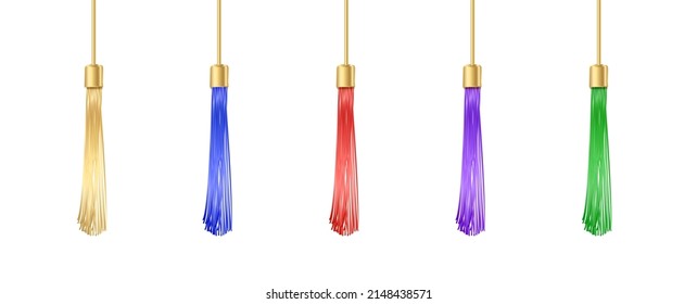 Tassel. Vector fringe or handbag accessory, graduate hat isolated on white background. Multicolor 3d rope with tassel, hanging window curtain decoration element design