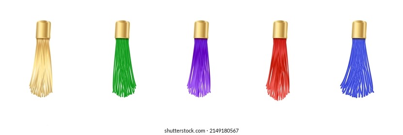 Tassel. Vector fringe or handbag accessory, graduate hat isolated on white background. Multicolor 3d rope with tassel, hanging window curtain decoration element design