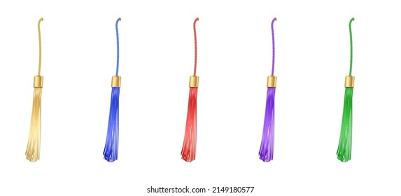 Tassel. Vector fringe or handbag accessory, graduate hat isolated on white background. Multicolor 3d rope with tassel, hanging window curtain decoration element design