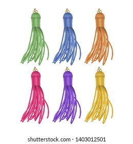 Tassels accessories. Tassel trinket, handbag embellishments and fashion key chain Isolated on white background, Vector EPS 10 illustration on white