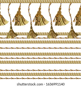 Tassels and beads with braid on a white background. Horizontal border of gold elements. Seamless pattern in oriental style.