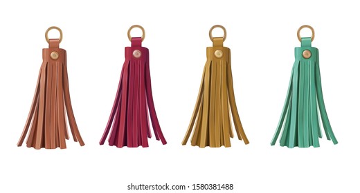 Tassels leather for a woman's bag. Set of pendants of different colors. Accessories for bags and jewelry. Vector 3d realistic illustration isolated on white background.