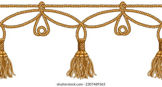    
Tassels  with ornaments on the cords. Vector border seamless pattern on white  background.
