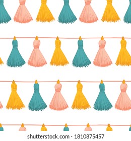 Tassels seamless vector background. Colorful decorative tassels repeating pattern. Great for cards, party invitations, wallpaper, packaging, fabric , gift wrap, celebrations, party decor