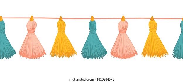 Tassels seamless vector border. Colorful decorative tassels horizontal repeating pattern. Great for cards, party invitations, wallpaper, packaging, fabric trim, ribbon, footer, divider, letterhead