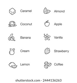 Iconos de sabor, aroma, conjunto de sabores para alimentos, bebidas y nutrición deportiva. Elementos de Vector. Los iconos de esquema son bien escalables y editables. Los Elementos contrastantes son buenos para diferentes fondos. EPS10.