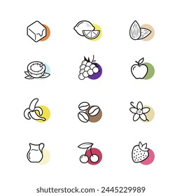 Taste, aroma, flavor set icons for food, drinks and sport nutrition. Vector elements. The outline icons are well scalable and editable. Contrasting elements are good for different backgrounds. EPS10.