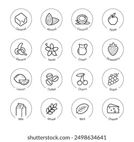 Taste, aroma, flavor set icons for food, drinks and sport nutrition. Vector elements. The outline icons are well scalable and editable. Contrasting elements are good for different backgrounds. EPS10.