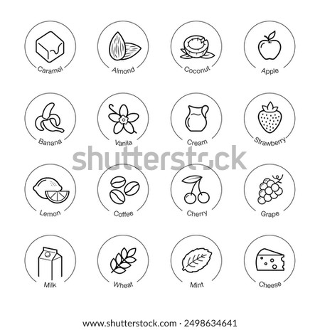 Taste, aroma, flavor set icons for food, drinks and sport nutrition. Vector elements. The outline icons are well scalable and editable. Contrasting elements are good for different backgrounds. EPS10.